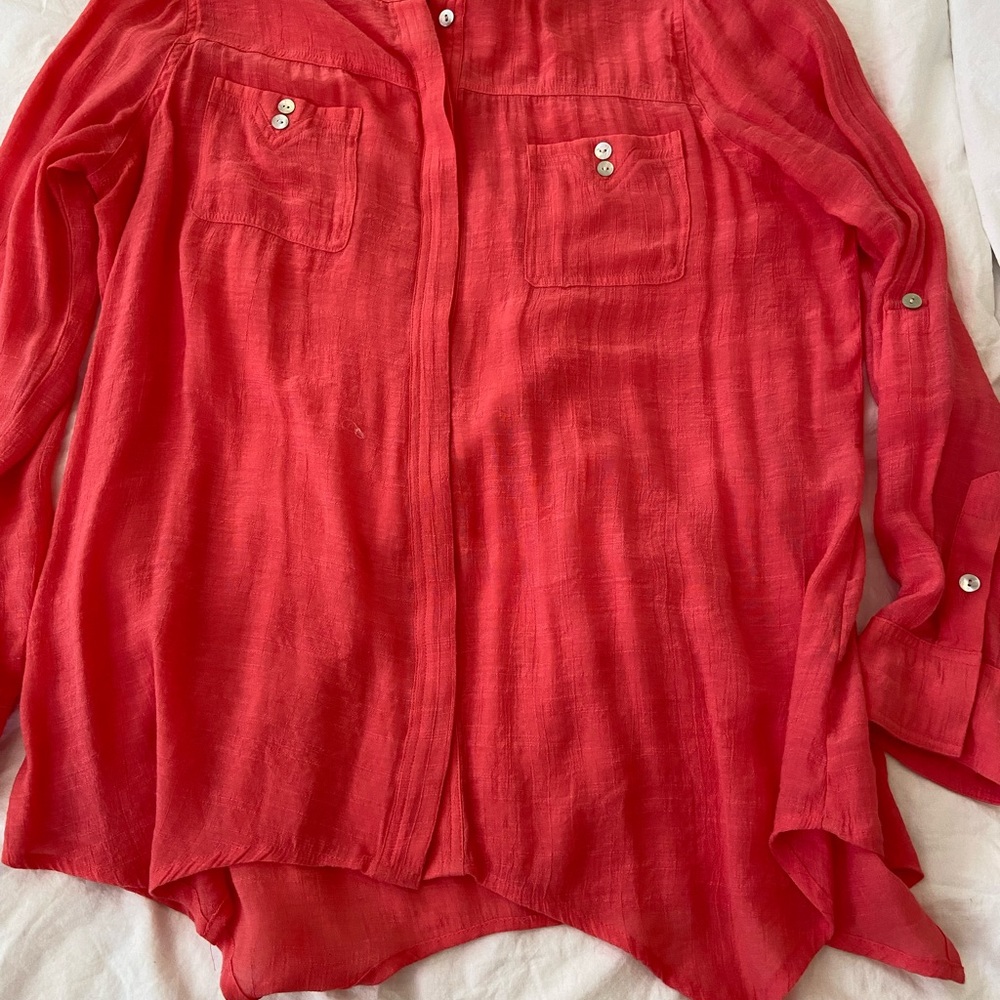 DEMOCRACY Button Up Coral Shirt Shell butt…